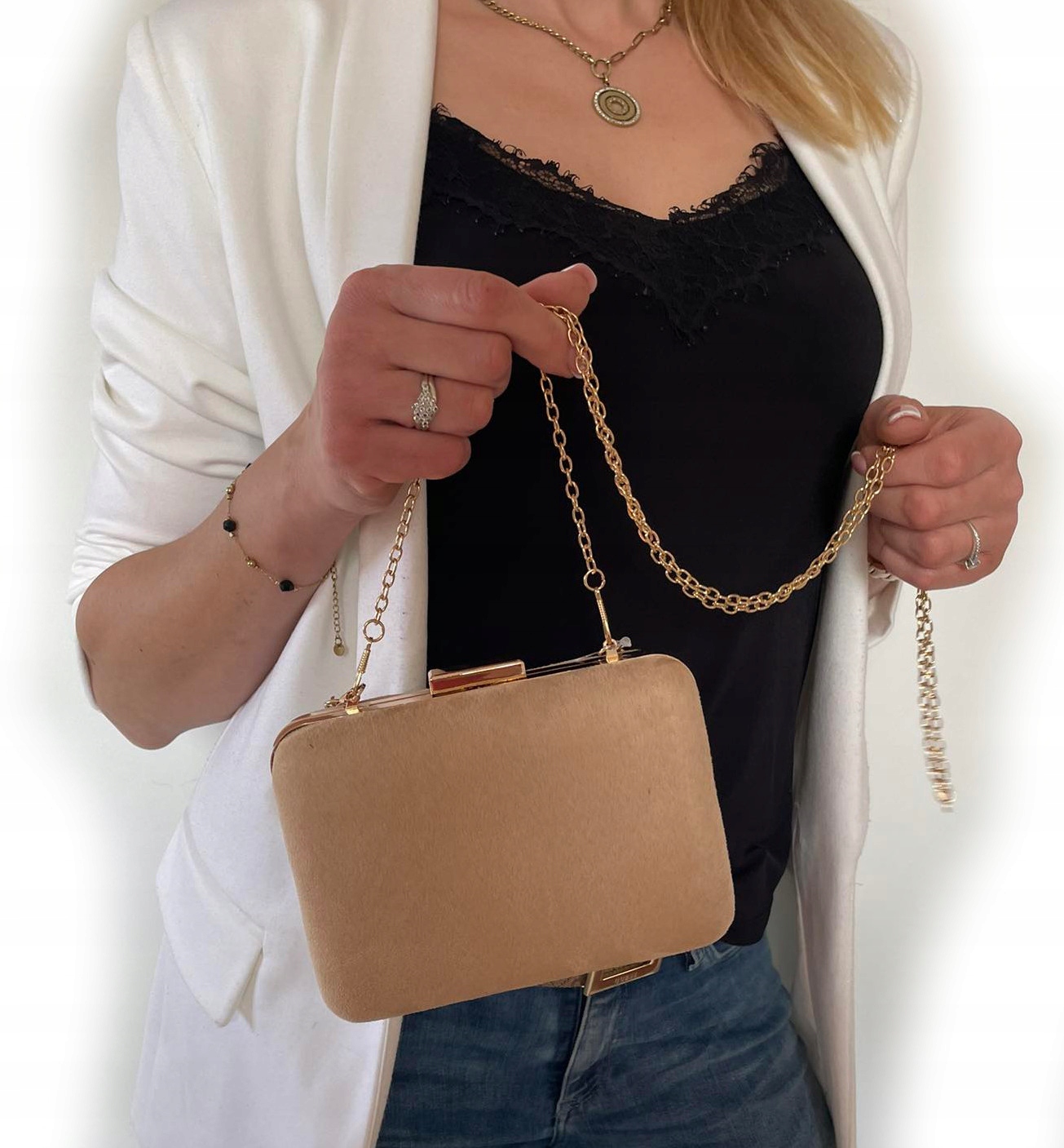 TOREBKA DAMSKA PUZDERKO z rączką NA ŁAŃCUSZKU karmelowy BEŻ Marka T&L