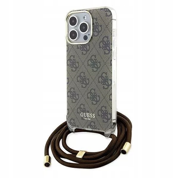 Pouzdro pro iPhone 15 Pro Max Guess Crossbody Cord 4G Print hnědé
