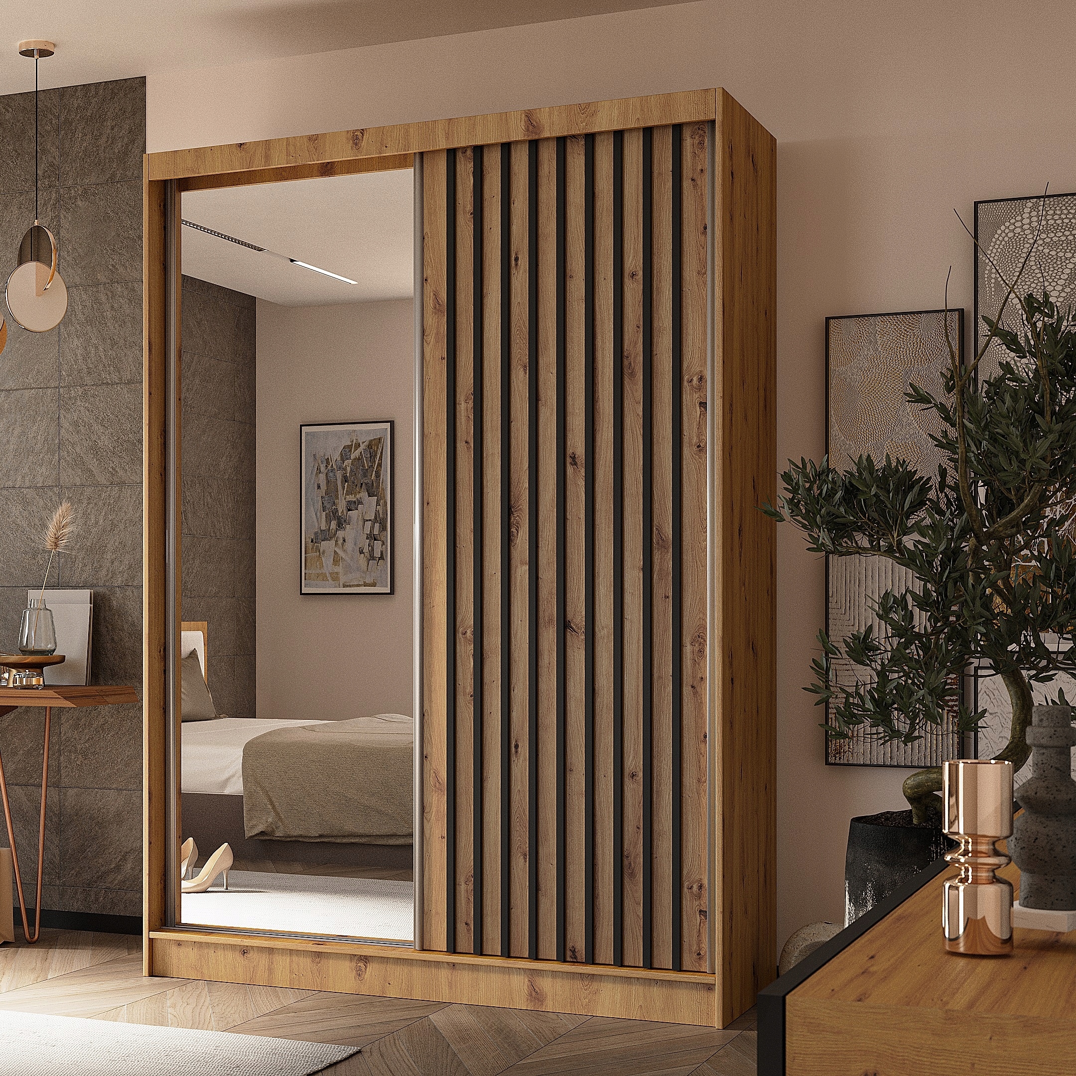 Skříň Lamello 150 cm Skříň se zrcadlem Posuvná dub artisan