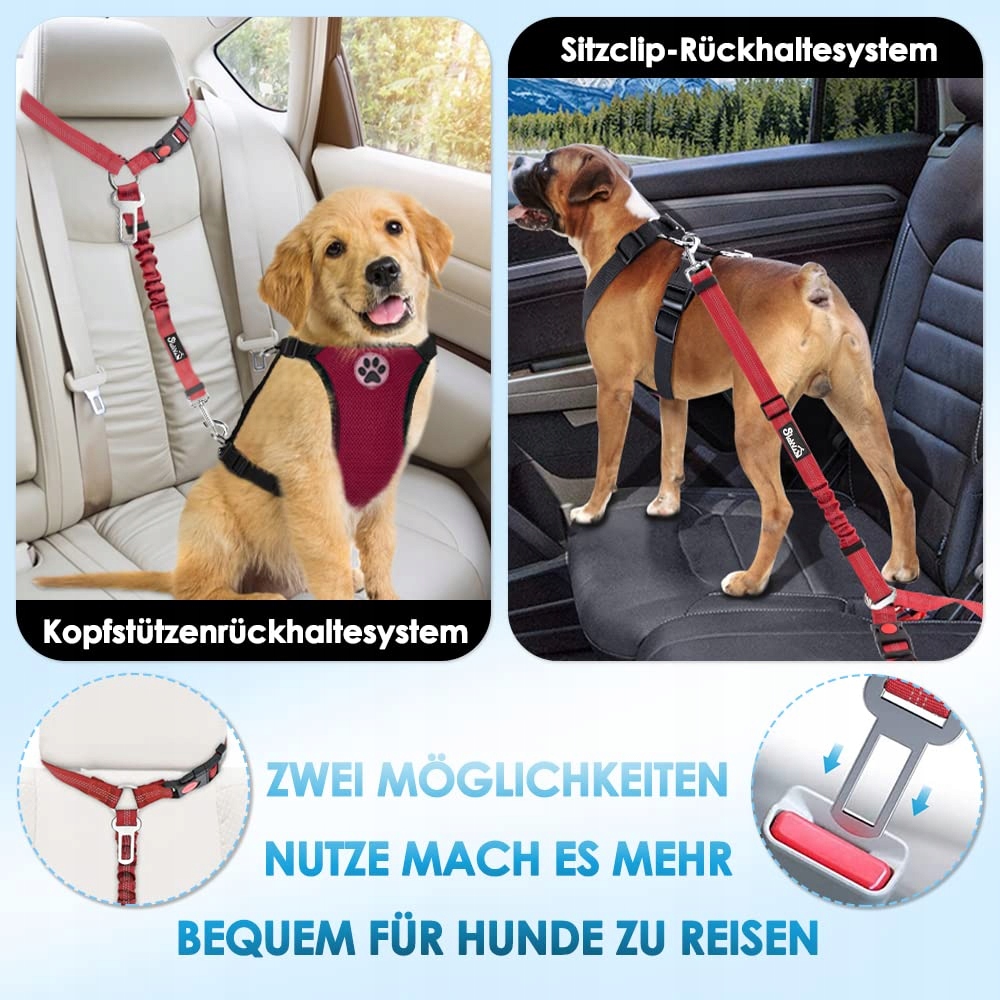 SLOWTON Pas Samochodowy Dla Psa 2w1 Regulowany Odbijający CZERWONY — miniatura 2