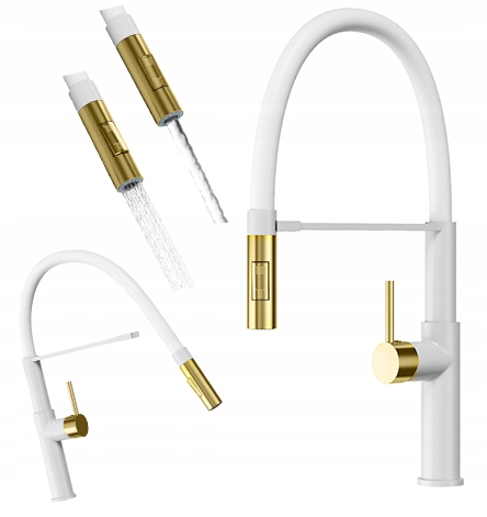 Kuchynská Batéria Soria Flexibilná Biela Výtoková Doska Brúsená Zlatom