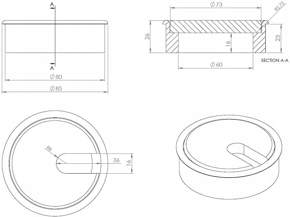 Przepust kablowy z lakierowanego dębu GEDOTEC Długość 8 cm