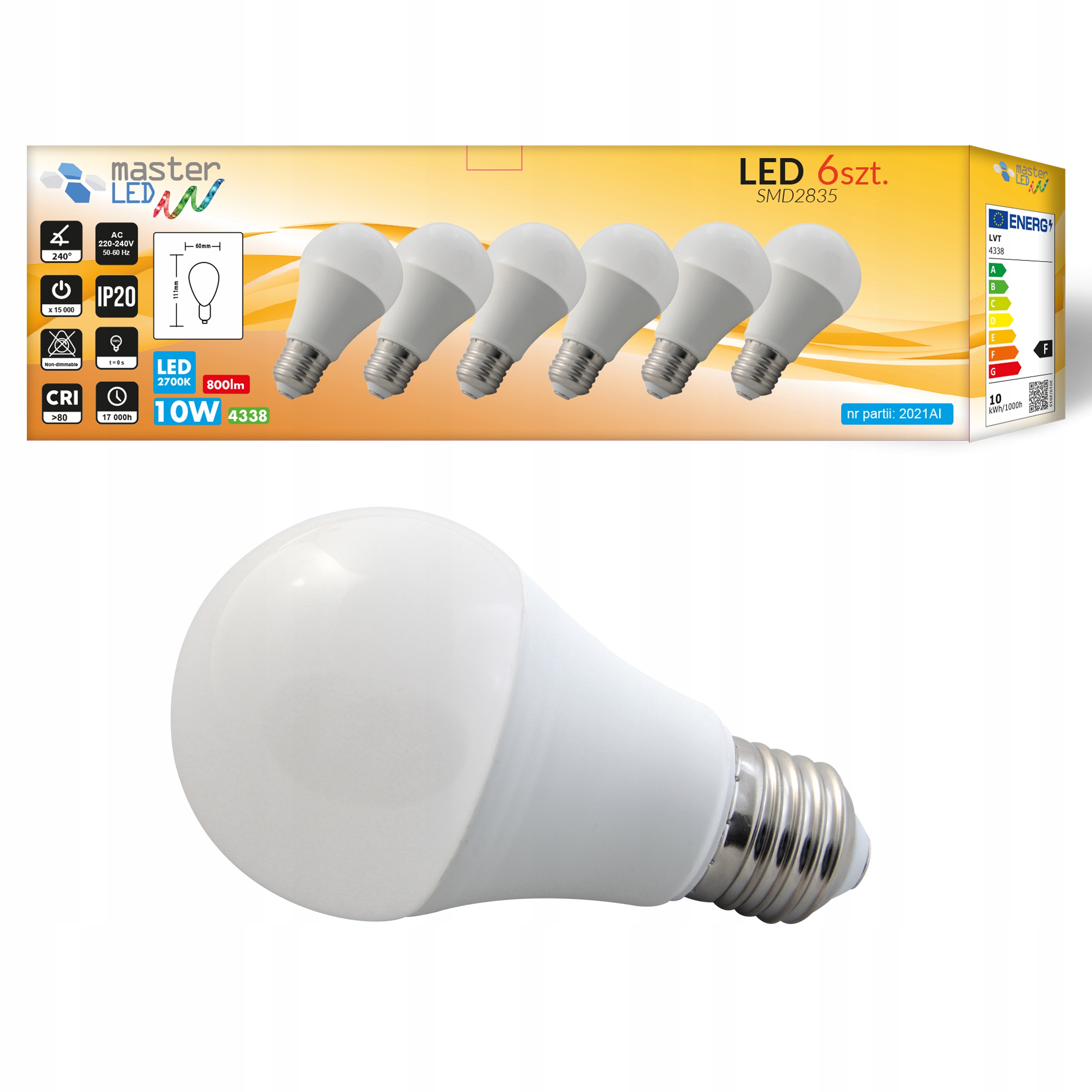 

Zestaw 6x Żarówka Led E27 1000lm 10W kula A60 230V