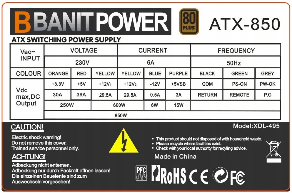 ZASILACZ ATX 850W 80+ 14CM 4xSATA 2xMOLEX 2xPCI-e 800W Producent BanditPower