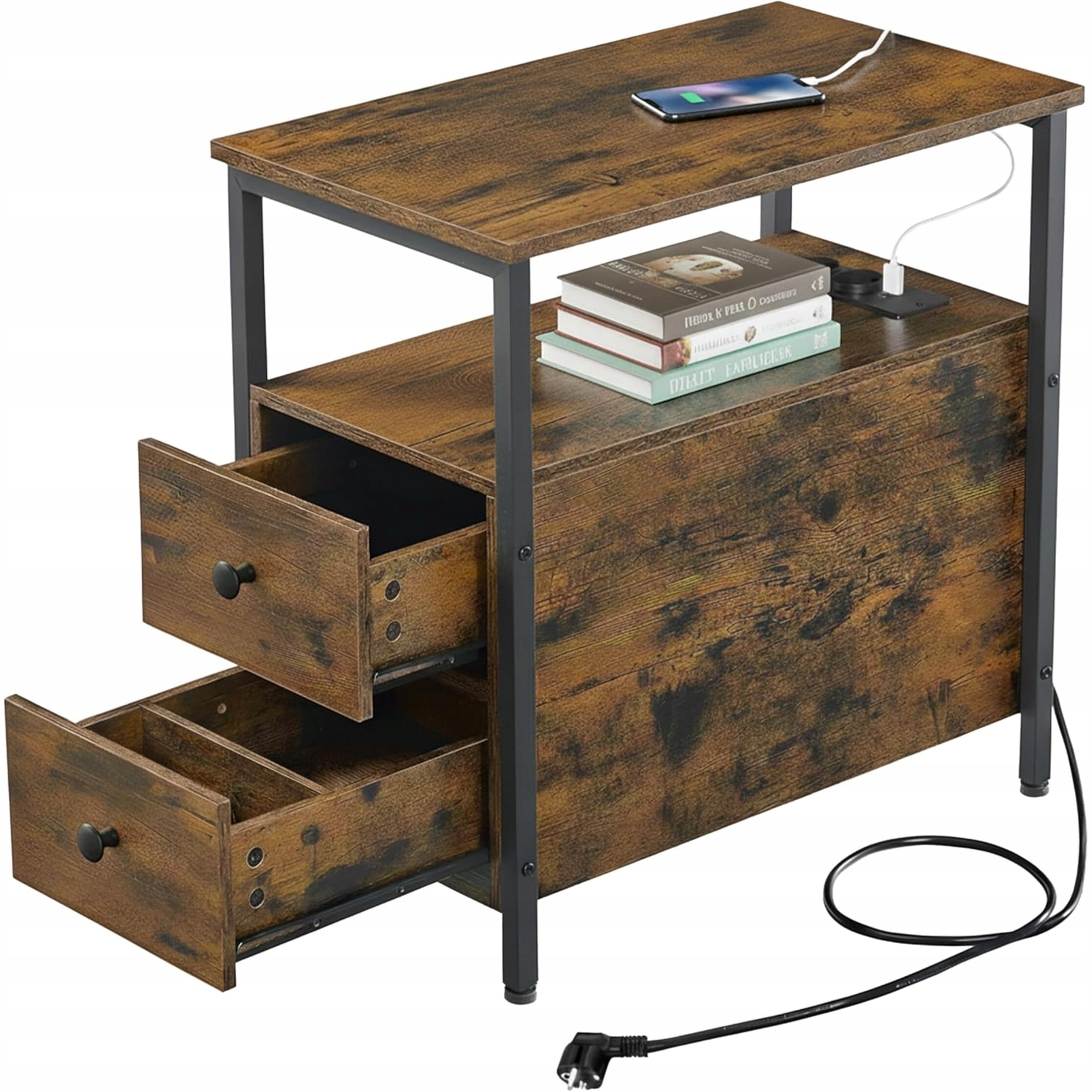 Pomocný stolík s zásuvkami a Usb 2 zásuvkami 61x35x60 cm, hnedý/čierny