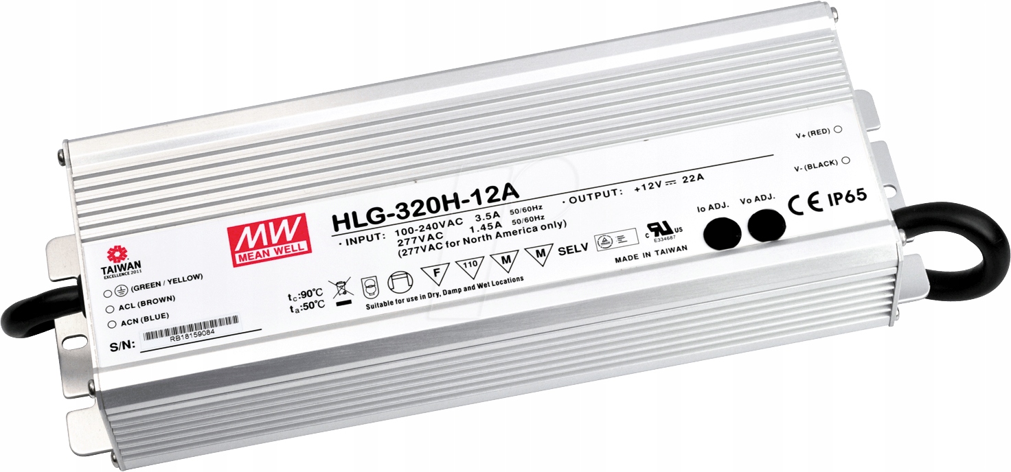 Vysoce účinný Led napájecí zdroj 12V 22A, nastavitelný, Pfc, IP65, Mean Well