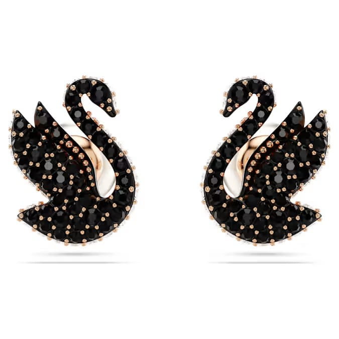 Náušnice Swarovski Swan Labuť černé křišťály ocel růžové zlato tyčinka
