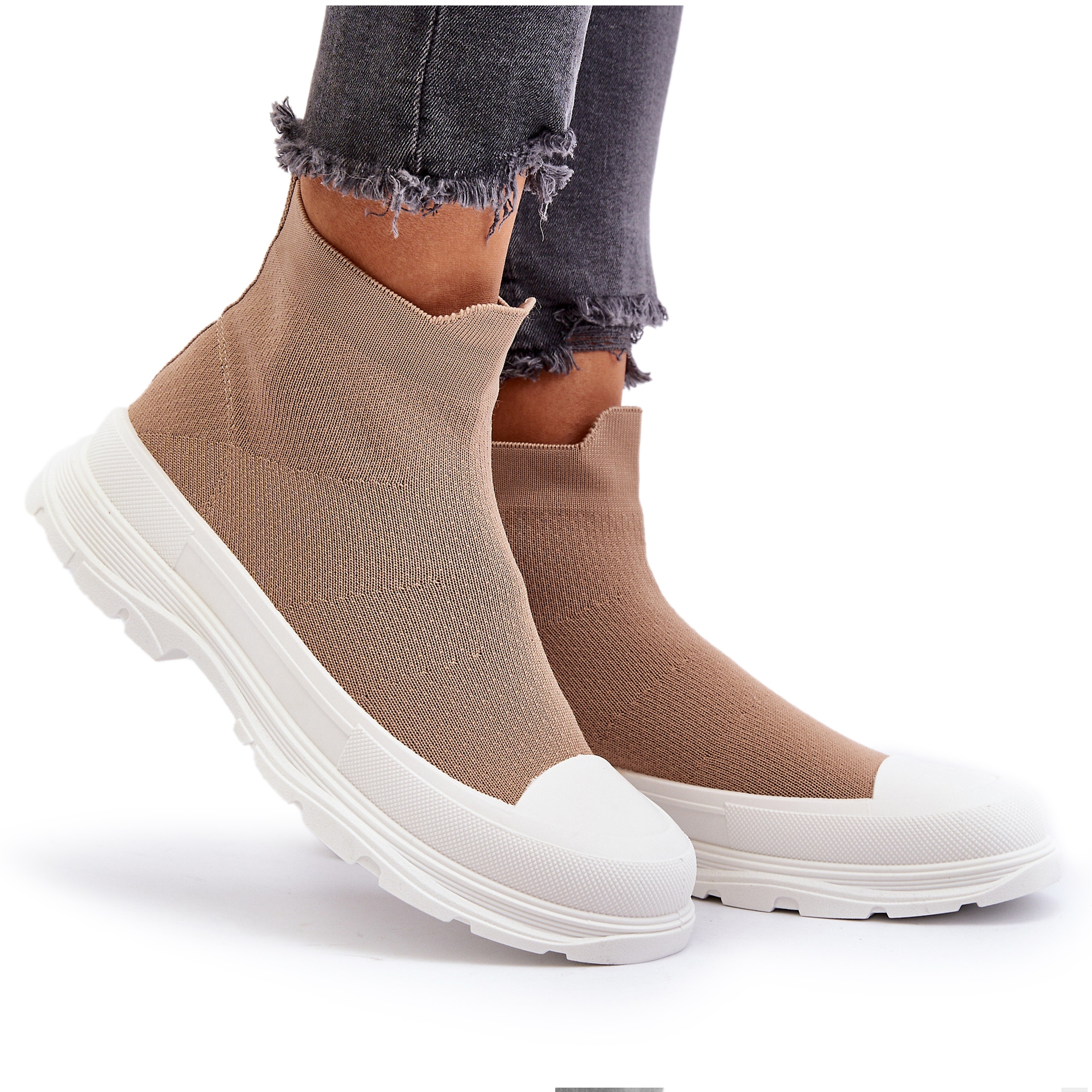 BOTKI SKARPETKOWE DAMSKIE WSUWANE BRĄZOWE 41