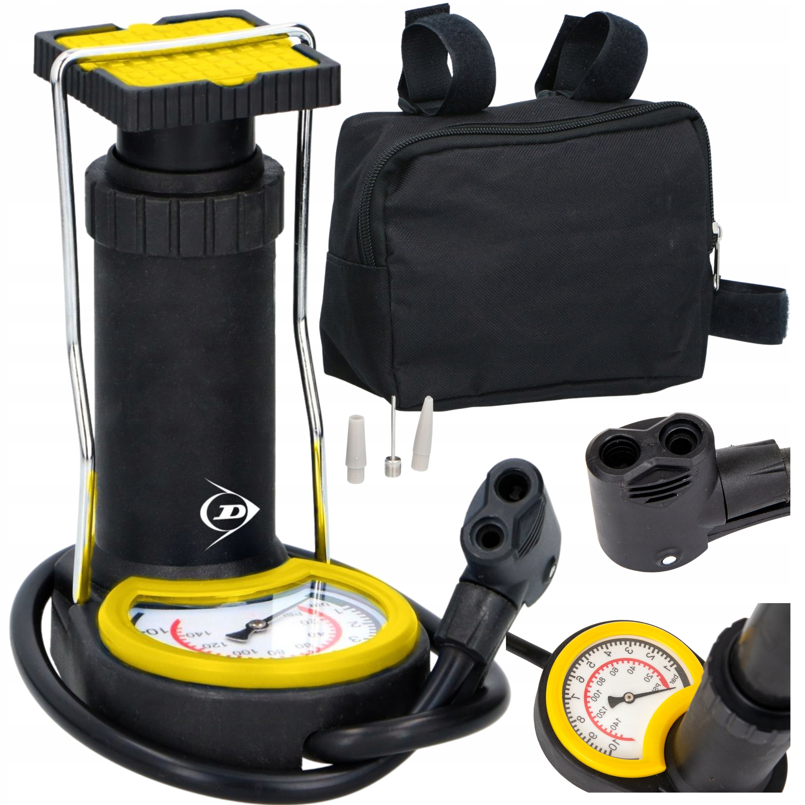 POMPKA NOŻNA Z MANOMETREM DO ROWERU MATERACA DUNLOP 3 ADAPTERY + ETUI