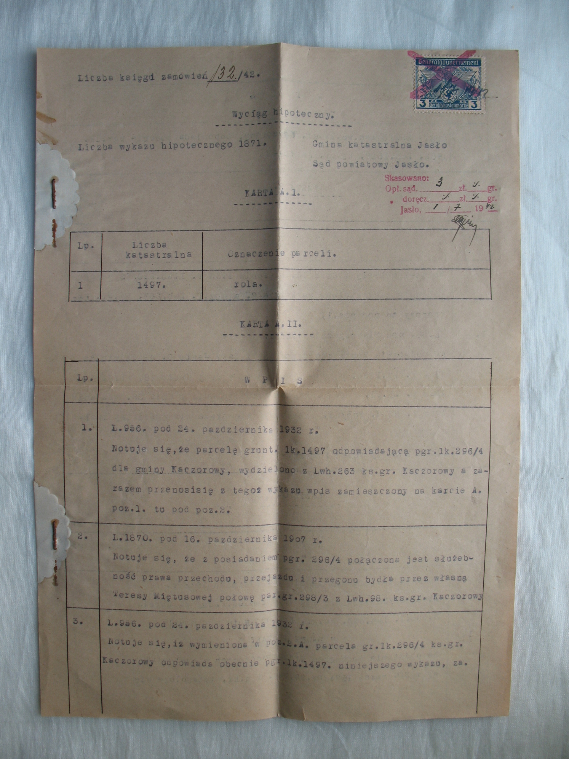 GENERALNA GUBERNIA JASŁO SĄD OKRĘGOWY WYCIĄG HIPOTECZNY ZNACZEK 1942 r.