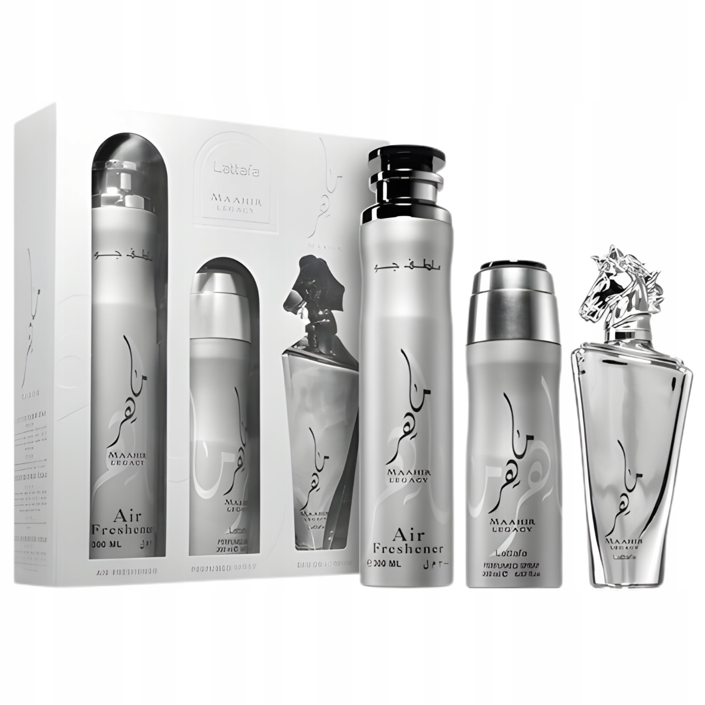ZESTAW LATTAFA MAAHIR LEGACY 100ML EDP 200ML DEO 300ML ODŚWIEŻACZ POWIETRZA