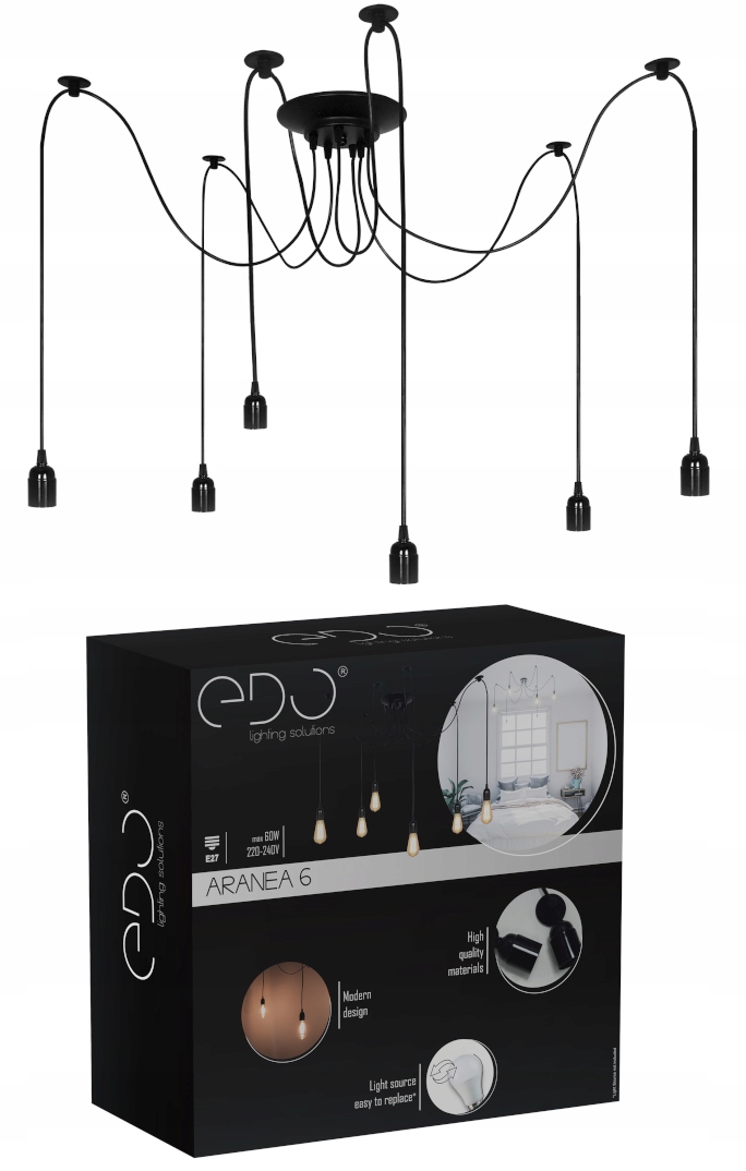 Edo Závěsné stropní svítidlo Aranea 6x E27 Pavouk Černá Lustr Loft