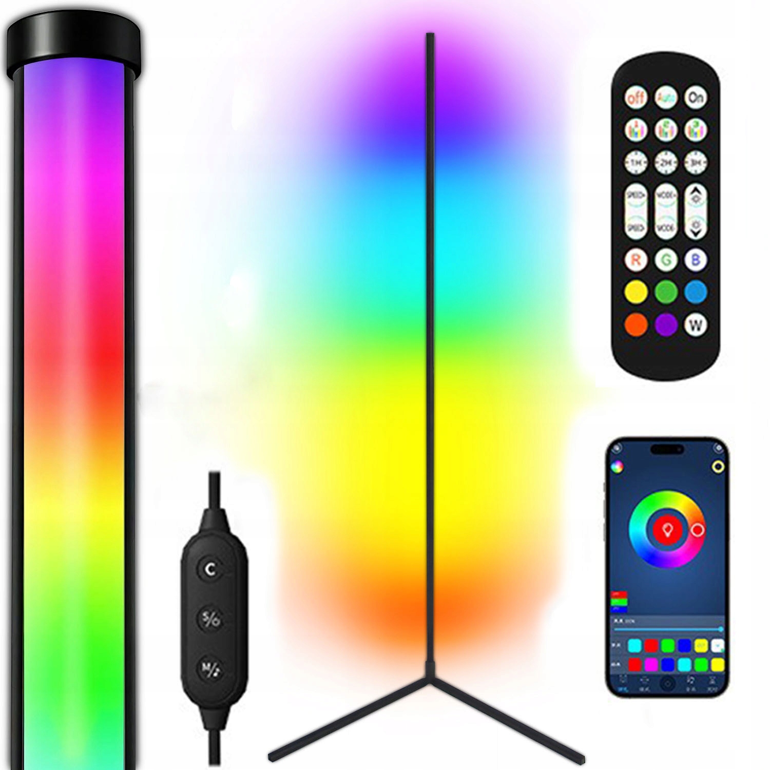 Stojací lampa Rgb Hudební Černá Rohová +Dálkový Ovladač Aplikace 160 cm