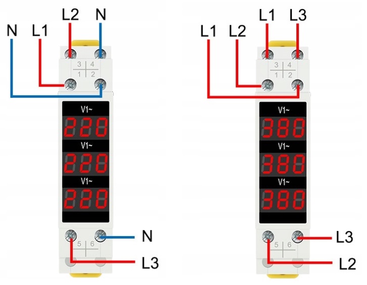 Cyfrowy woltomierz 3-fazowy DIN Regmag BV-3R 80–500 V AC – Do instalacji domowych i przemysłowych