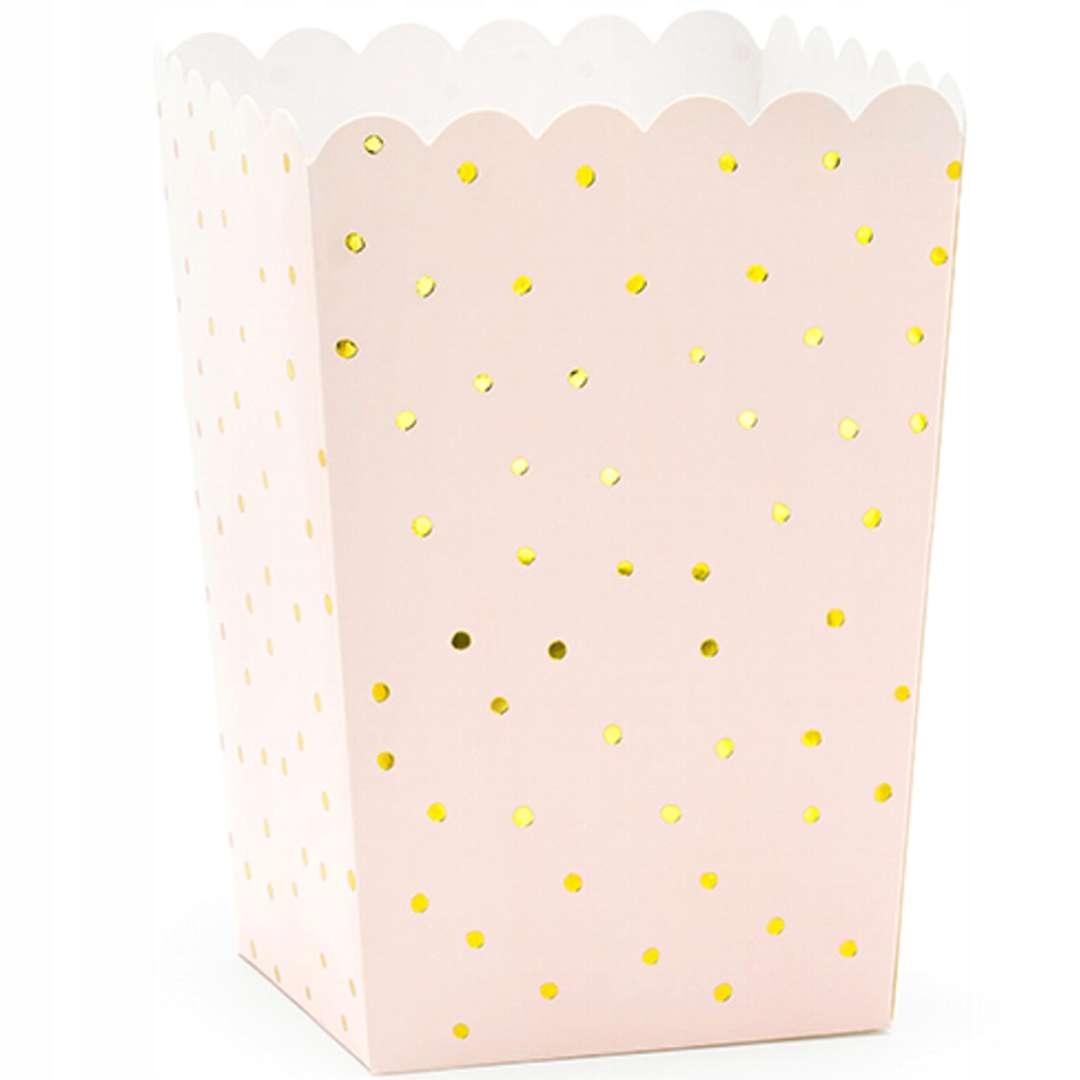 

Pudełka na popcorn Różowe J grochy Złote kropki x6