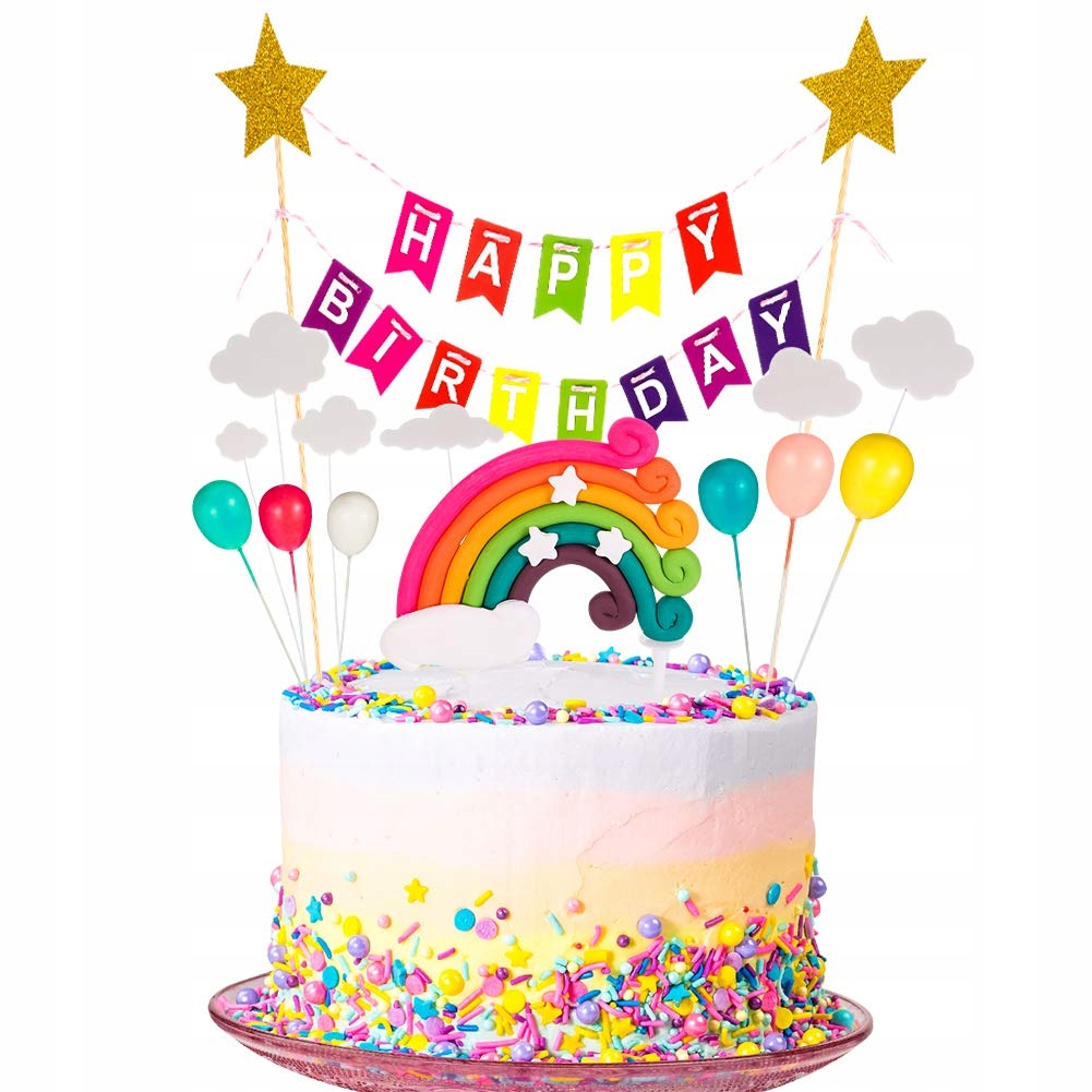 Dekorace dortu Happy Birthday s barevnou duhou a vložkou s mraky