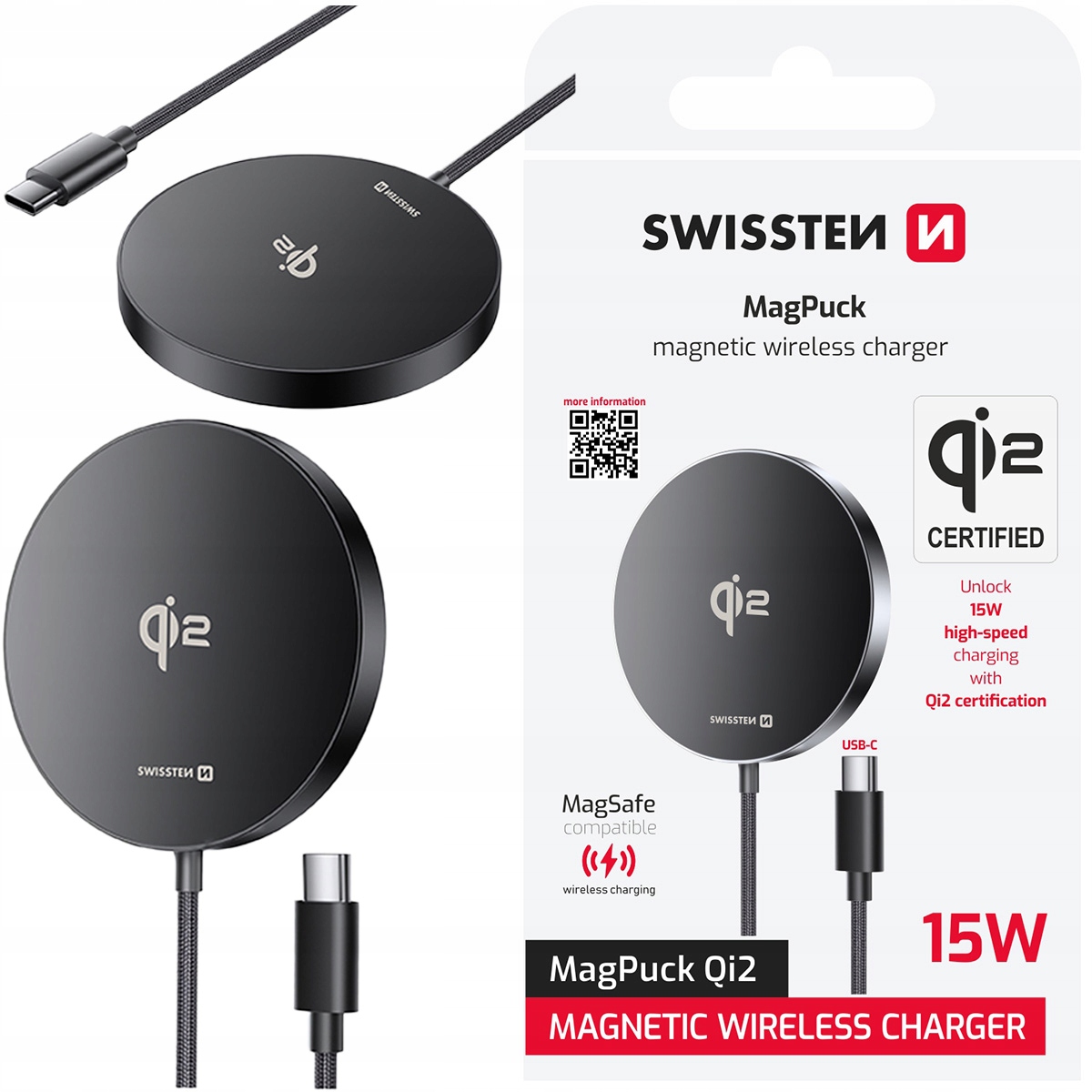 Swissten Ładowarka bezprzewodowa MagPuck Qi2 15 W kompatybilna z MagSafe