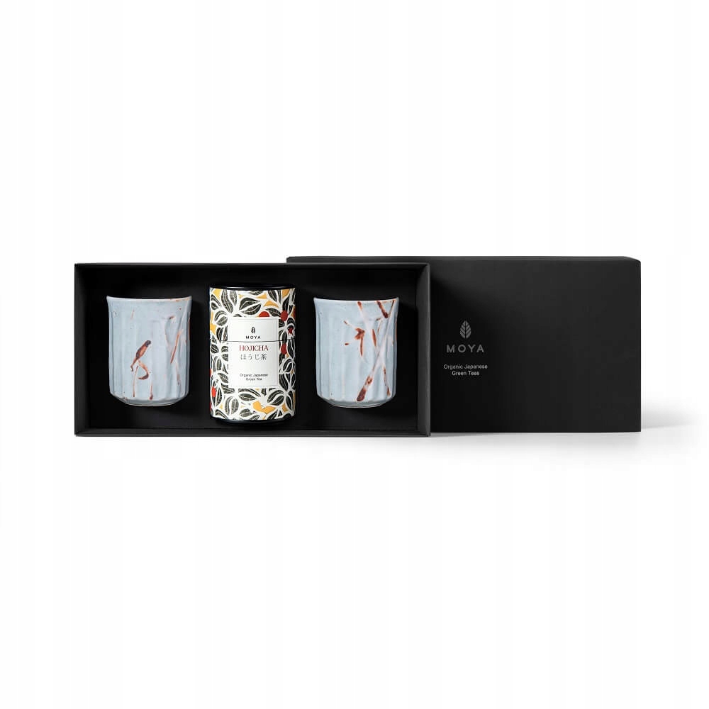 Dárková sada organického zelený čaj Moya Hojicha a 2 hrnků Take