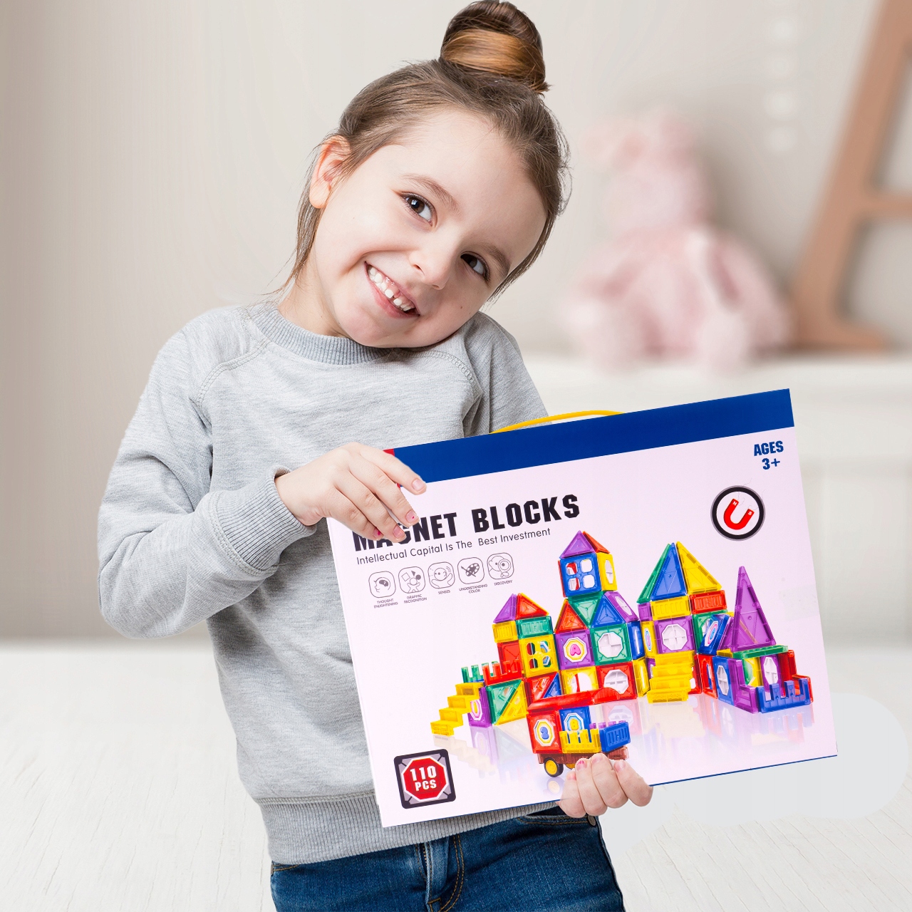 UKŁADANKA MAGNETYCZNA KLOCKI MAGNETYCZNE 3D KONSTRUKCYJNE DUŻE 110SZT Szerokość produktu 34 cm