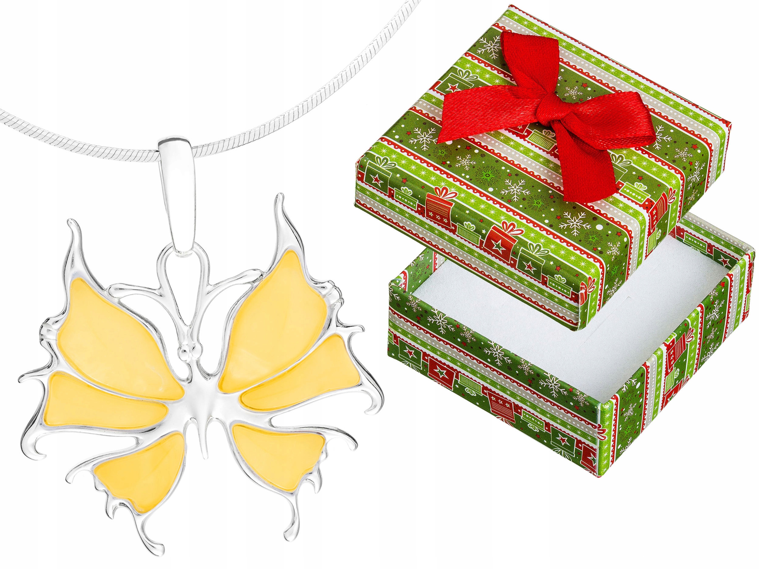 Dlouhý Stříbrný Dámský Náhrdelník Motýl se Žlutým Jantarem Motýlek Stříbro 90