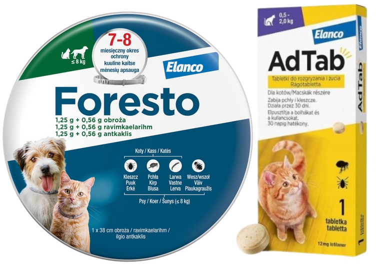 Elanco Foresto obroża <8 kg 38cm, Adtab Cat 12mg dla kota 0,5-2 kg 1 sztuka