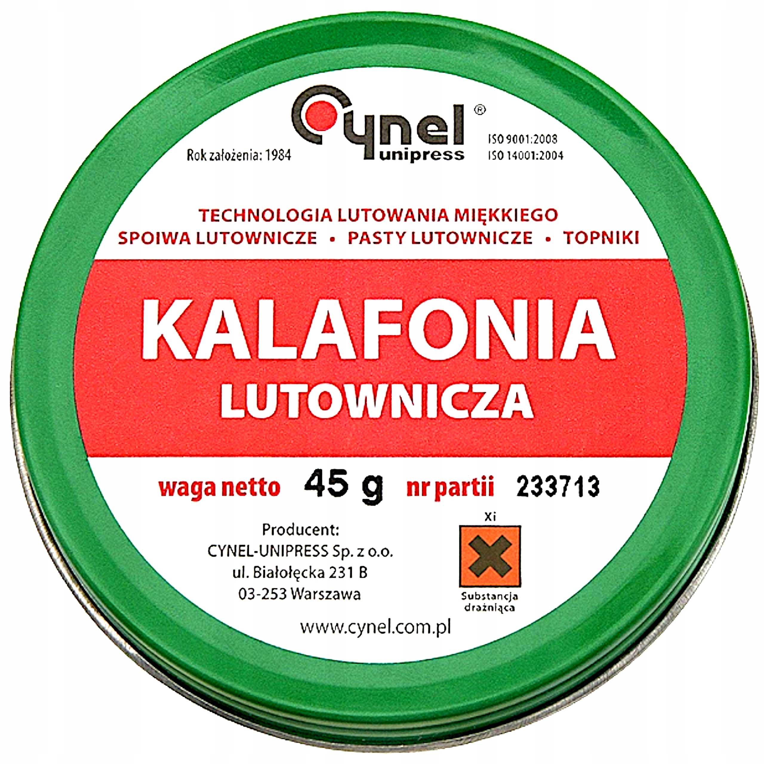 KALAFONIA LUTOWNICZA 45G 10ml CYNEL TOPNIK LUTOWNICZY DO LUTOWANIA Producent Cynel