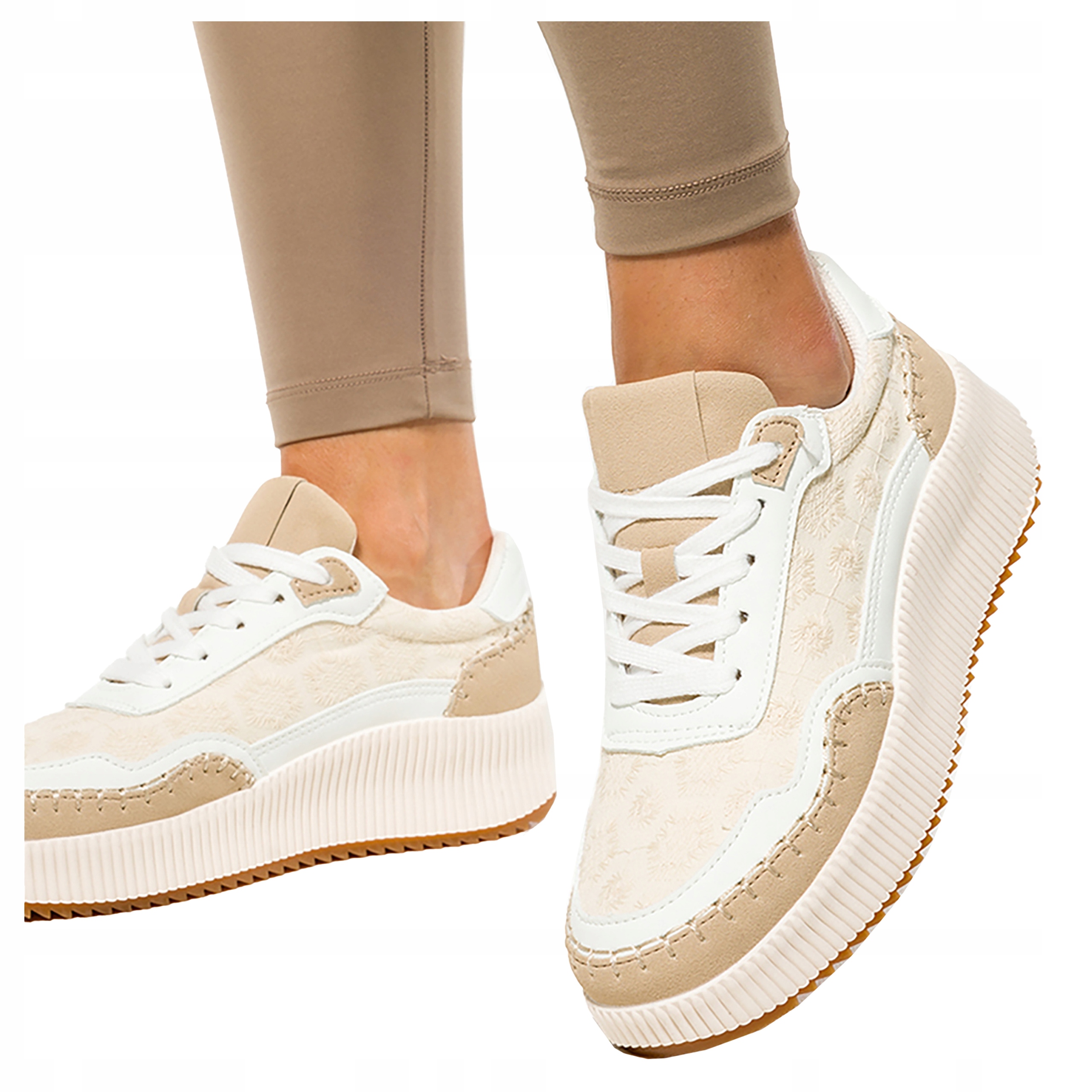 Beżowe Sneakersy Na Platformie Obuwie Sportowe Sznurowane Damskie r 39