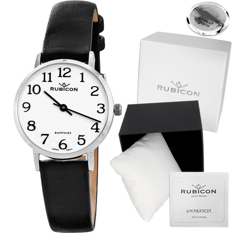 Dámské hodinky Rubicon ciferník s číslicemi Safírové Sklo kožené Gravírování