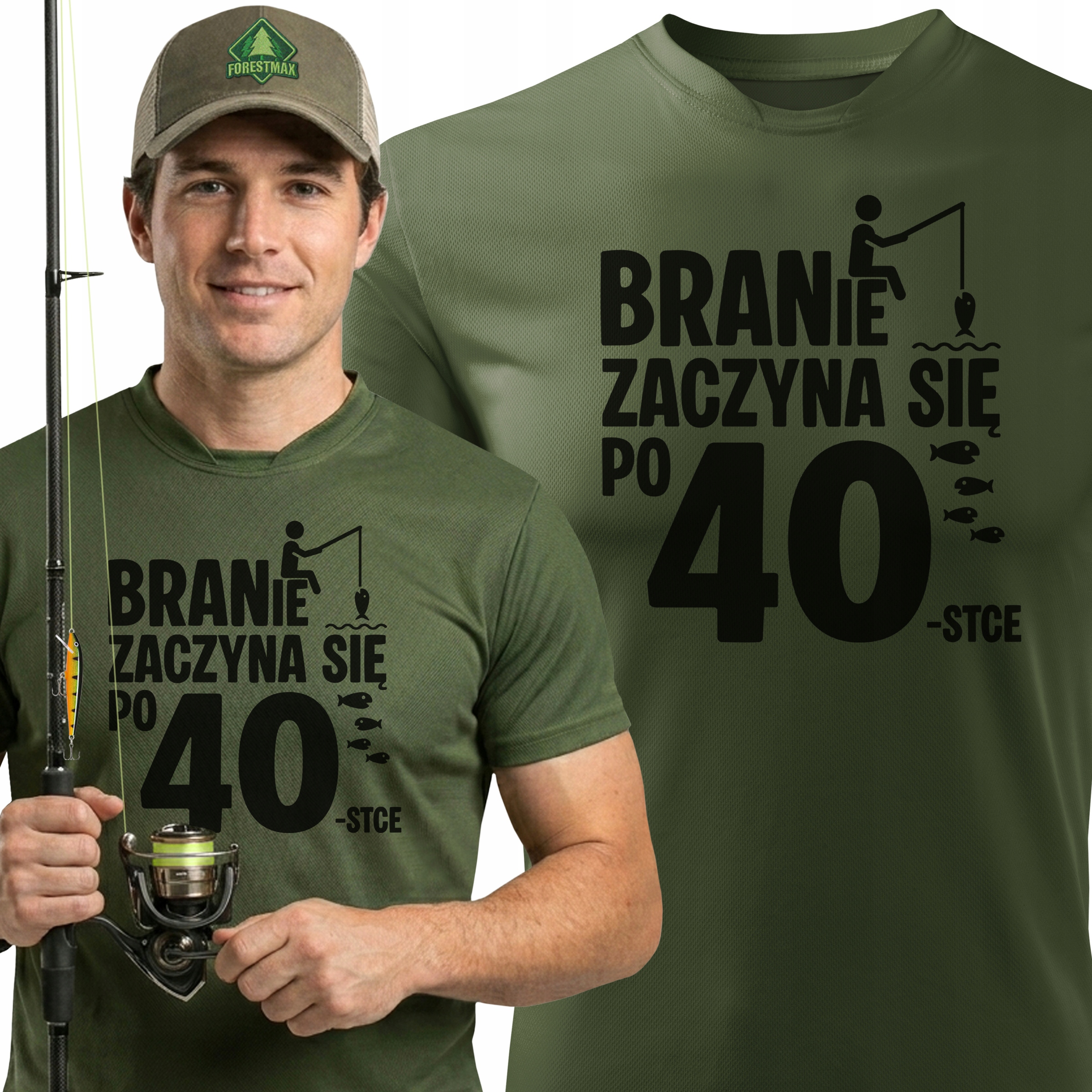 dla Wędkarza T-shirt funkcyjny nadruk Branie Zaczyna Się Po 40-stce