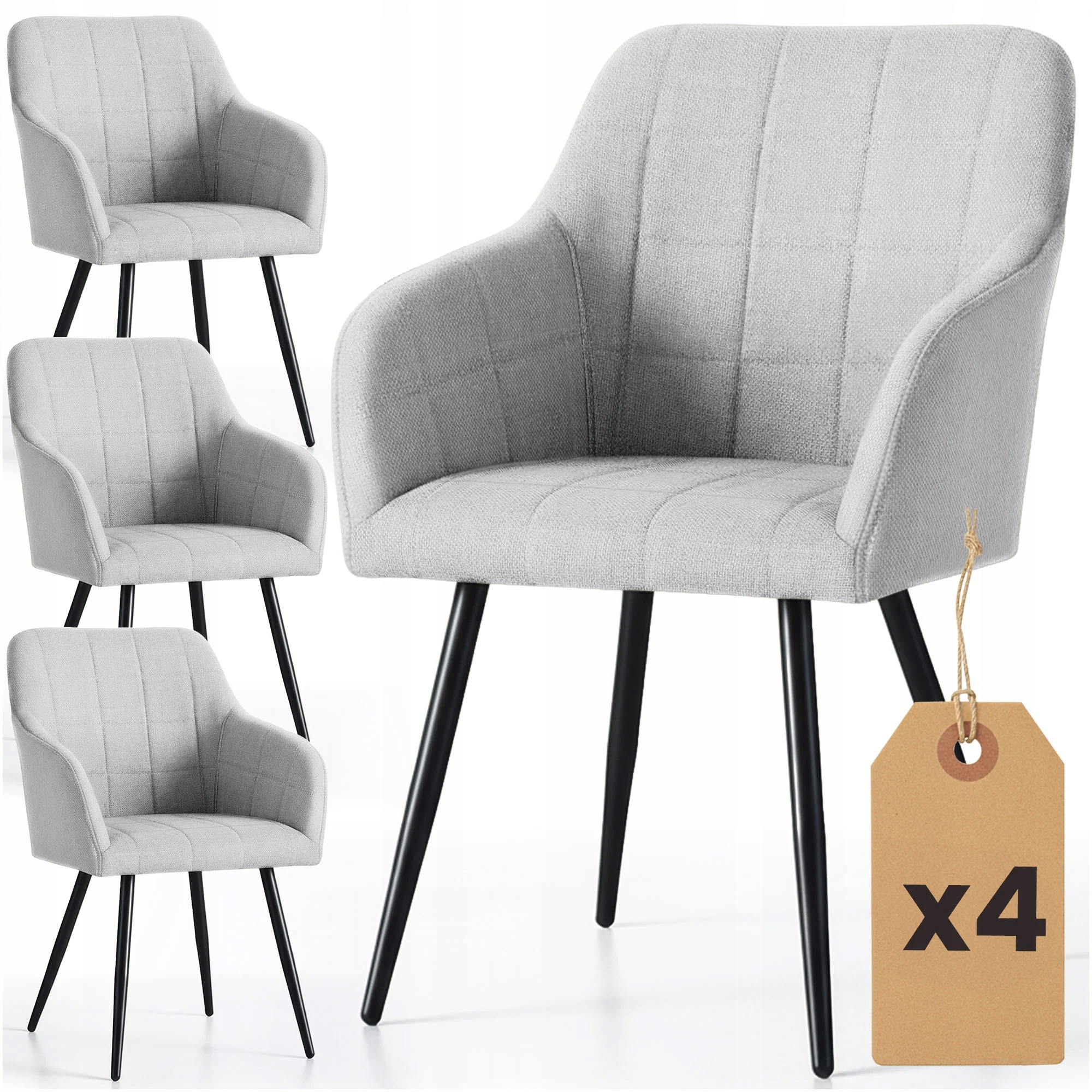 4x Krzesło tapicerowane tkanina lumos do salonu Luxano Szare Czarne nogi
