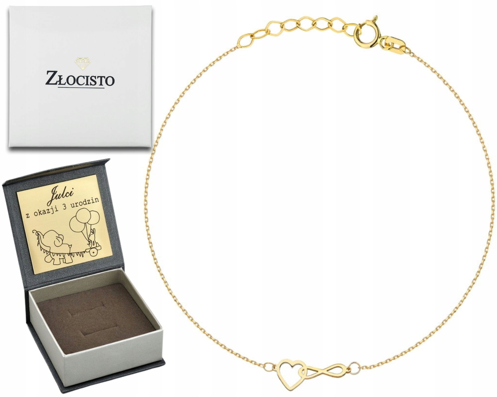 Zlatý náramek celebrity 585 14K srdce nekonečno gravírování 16-18 cm