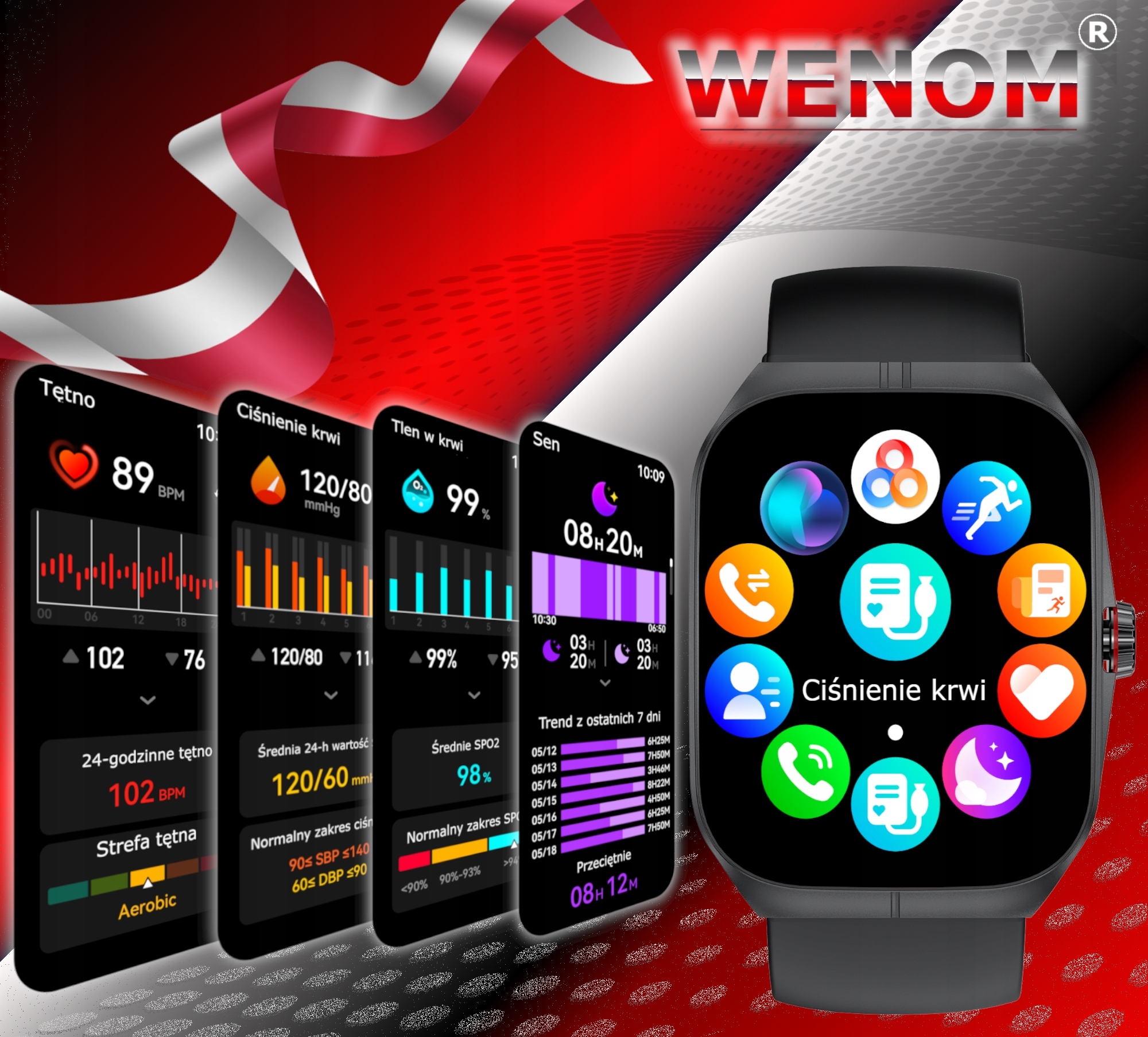Zegarek Smartwatch Wenom Amoled Nfc Bluetooth Sportowy, Wodoodporny Menu Pl