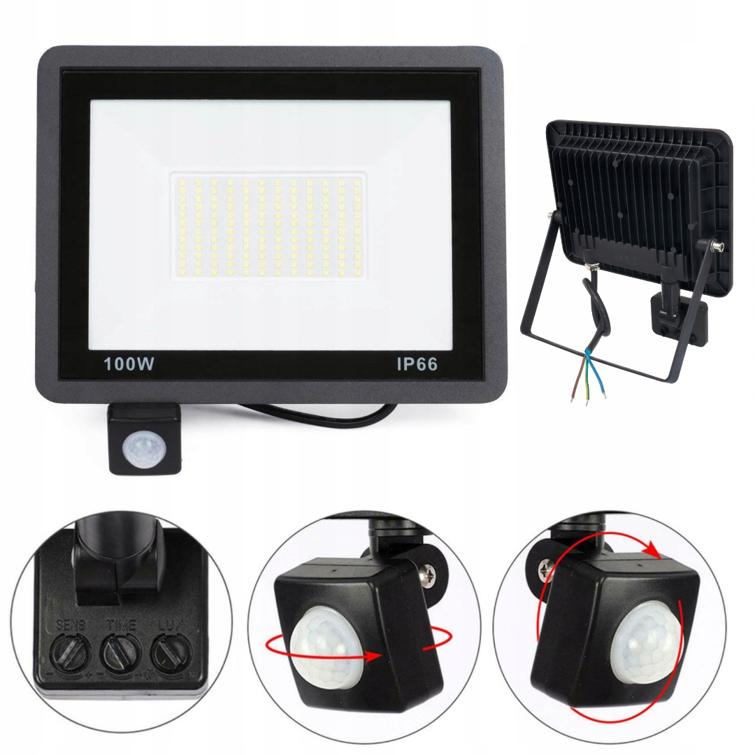 HALOGEN NAŚWIETLACZ LED 100W CZUJNIK RUCHU SZCZELNOŚĆ IP66 ZIMNY BIAŁY