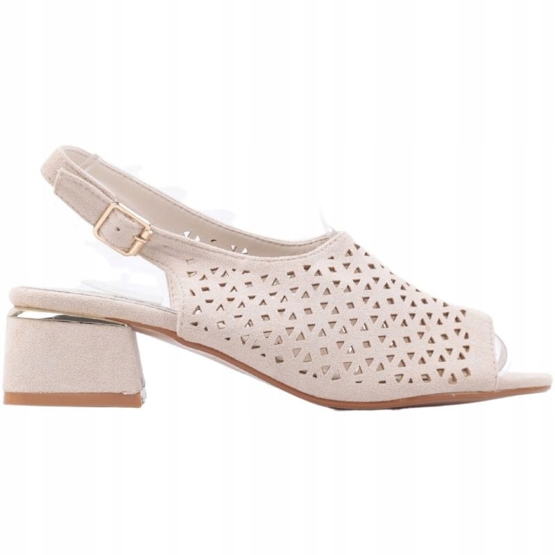 Beżowe Sandały Damskie Ażurowe Na Słupku 4 CM Sandałki Na Obcasie