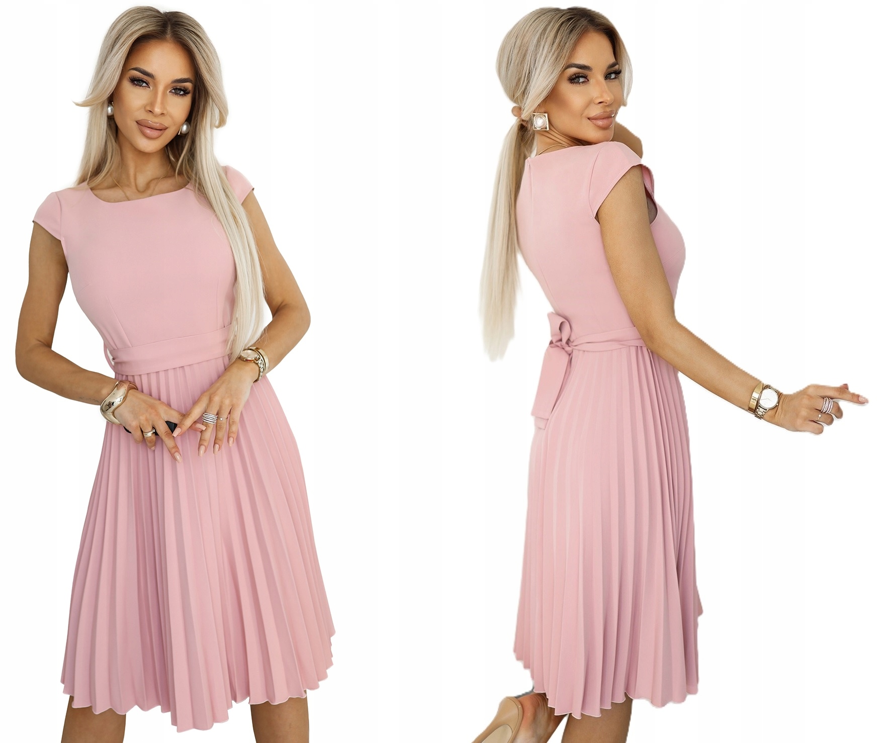 Krásné Plisované Šaty S Mašličkou V Pase, Krátký Rukáv, Pudrová Růžová, Velikost XXL