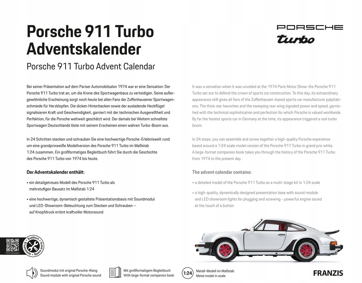 Адвент-календарь Franzis MachineWorks Porsche 911 Turbo 1975 2026, модель 1:24 со звуком, от 14 лет — фото 3