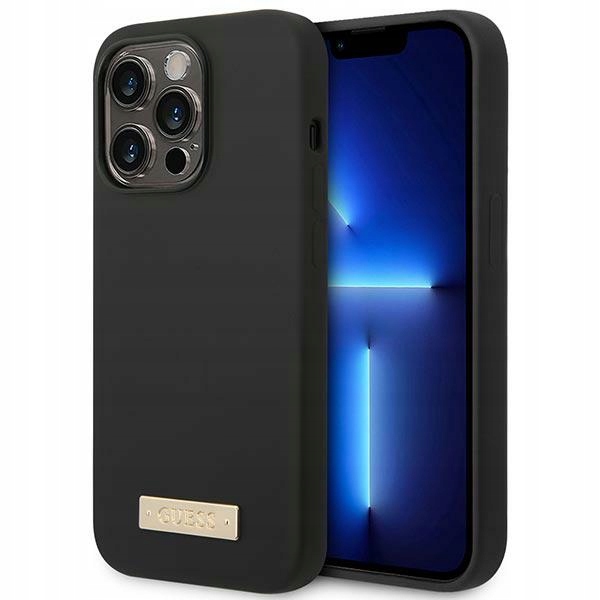 Etui Guess do iPhone 14 Pro Max czarny case plecki Logo Plate MagSafe