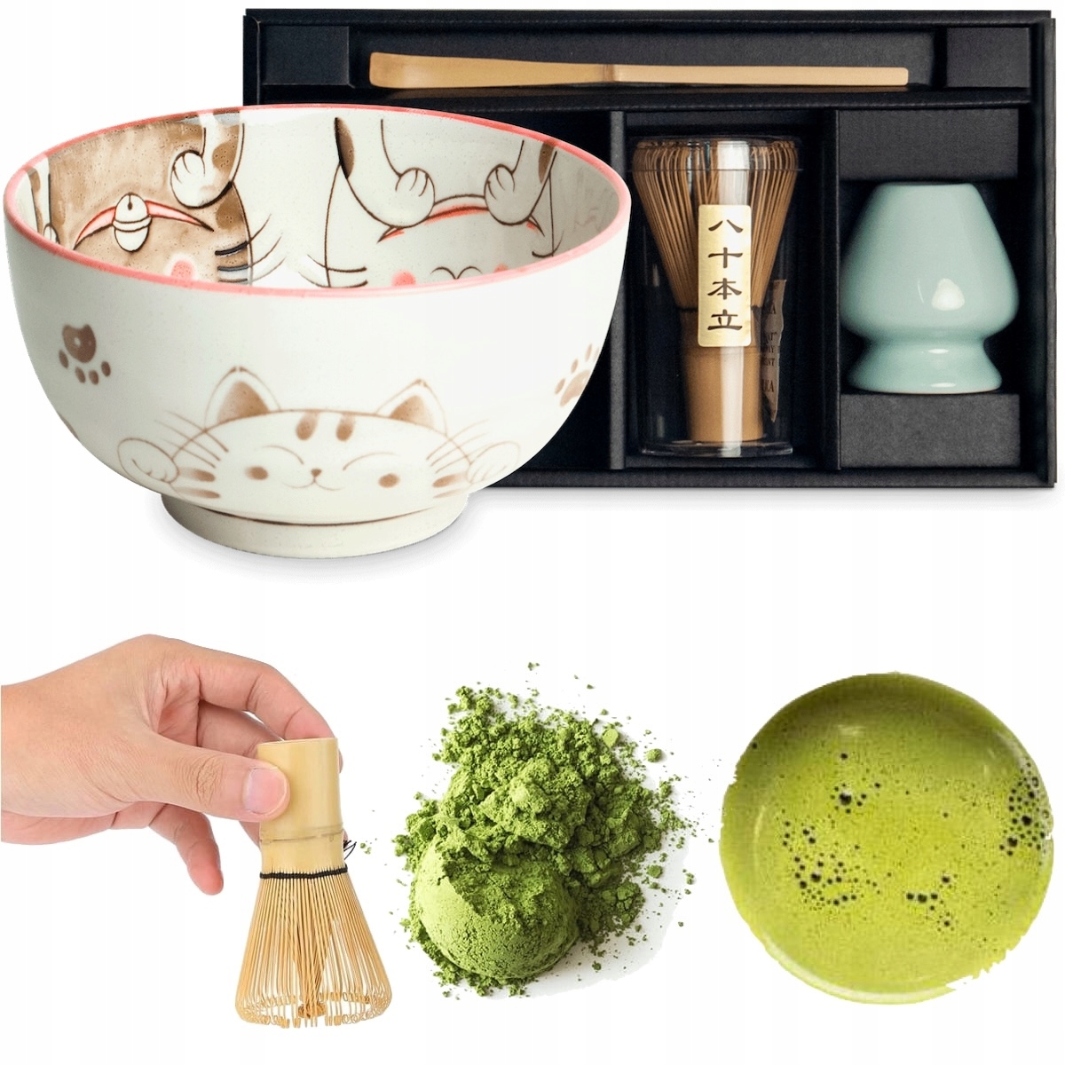 Levně Sada pro přípravu čaje Matcha Matchy Three Cats Red 4 prvky Edo