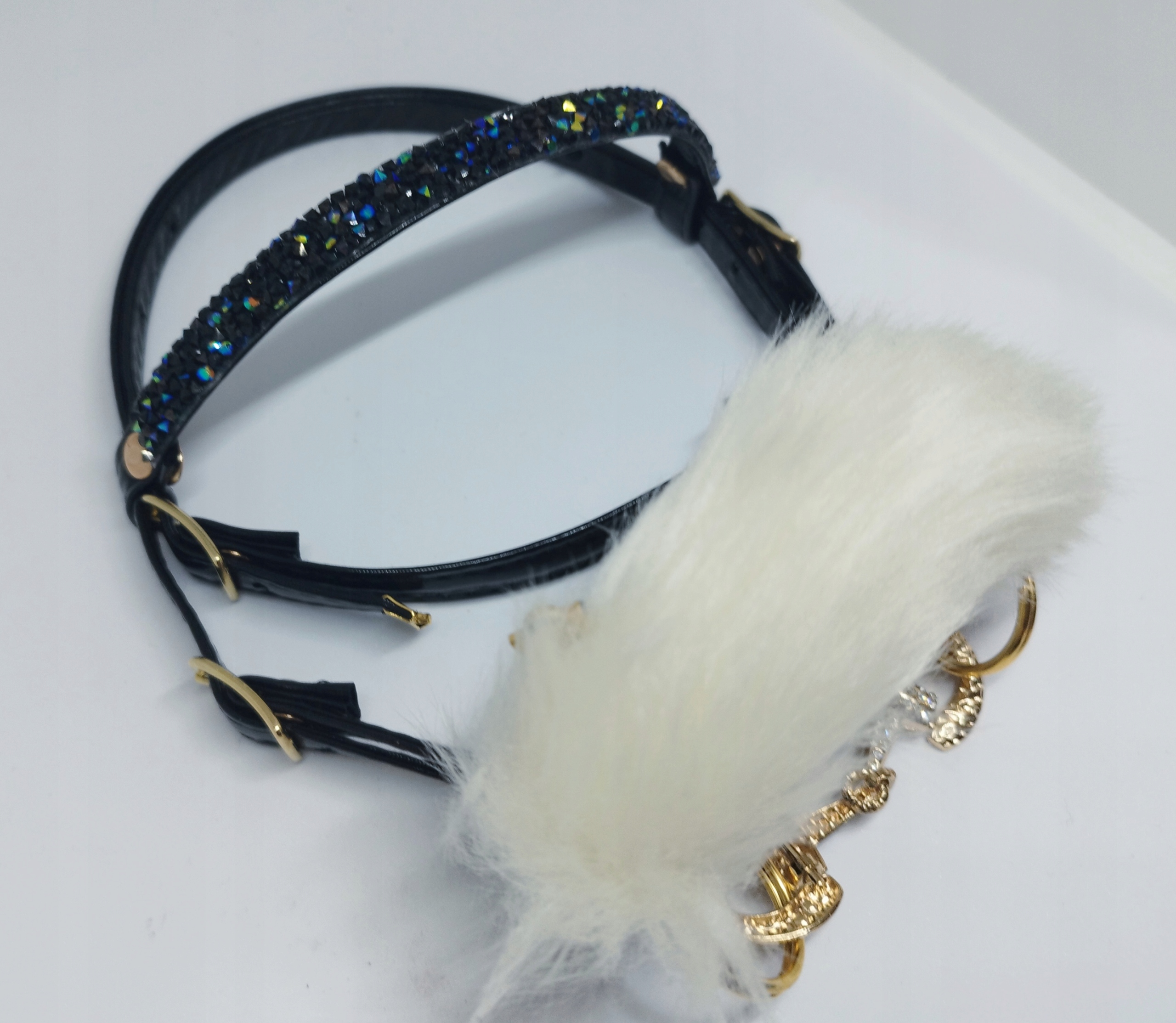 Ogłowie dla hobby horse A4 z futerkiem, czarny diamentowy naczółek Rozmiar 0