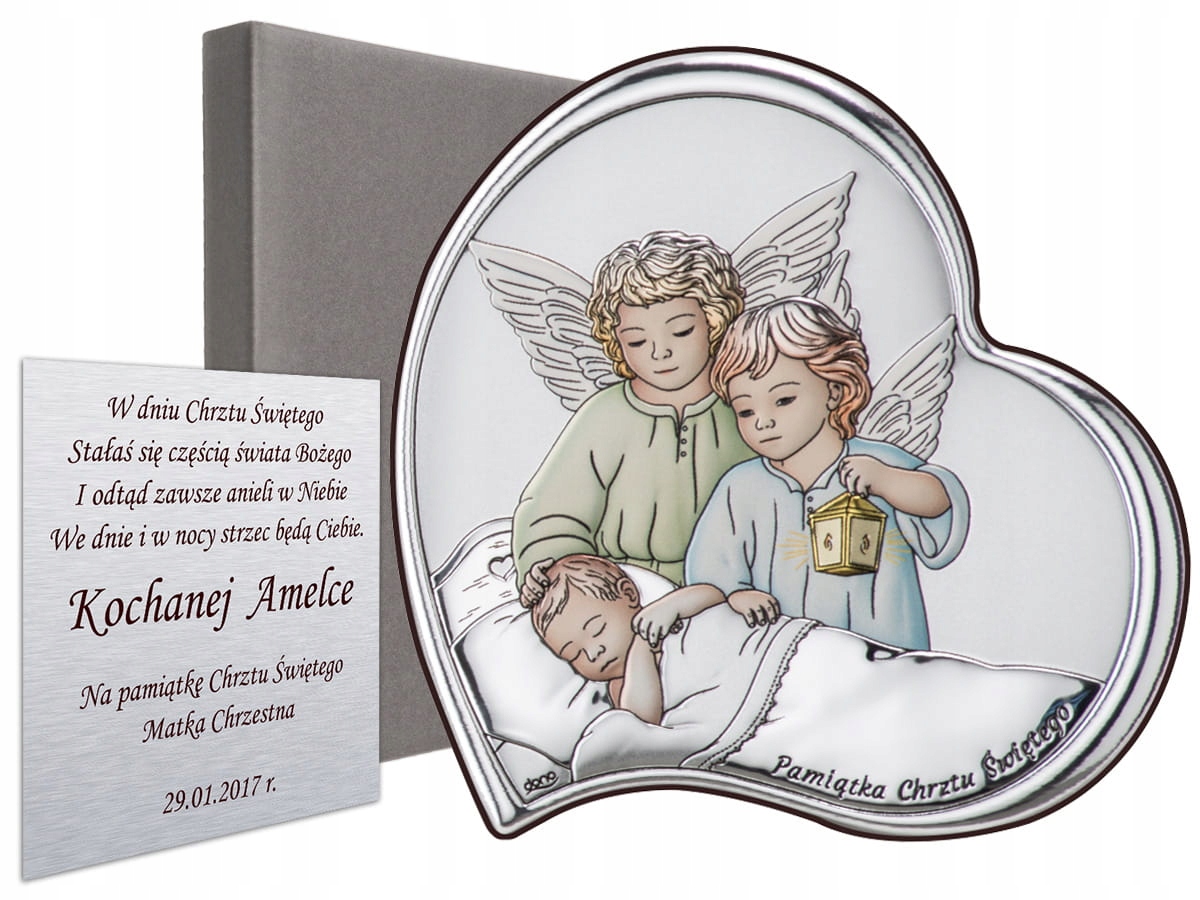 Obrázek Stříbrný na křtiny barevný Andělé gravírování