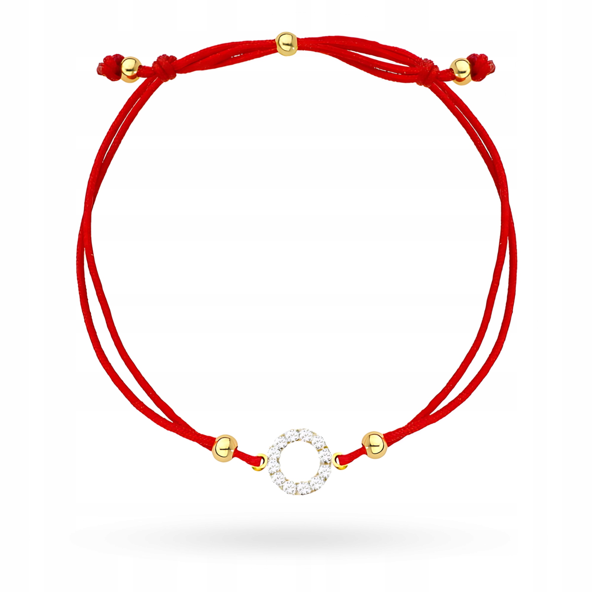 Zlatý Náramek Dámský pr. 585 Červený provázek Kolečko Ring Zirkony 14k