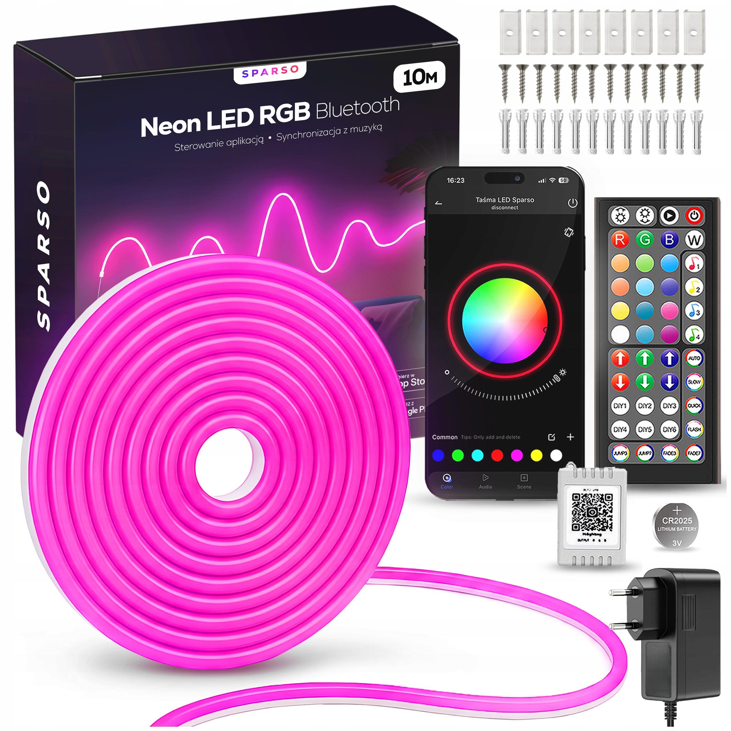 Taśma Led Rgb 10m (1x10) Ledy Neon Elastyczny Wodoodporny Bluetooth Zestaw