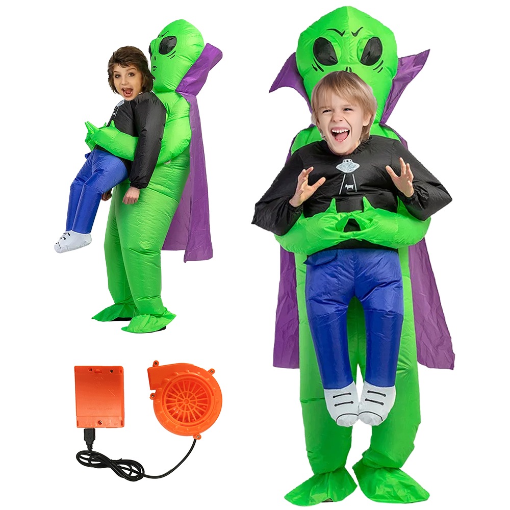 Zelený nafukovací kostým mimozemšťana s pelerínou pro Halloween a párty