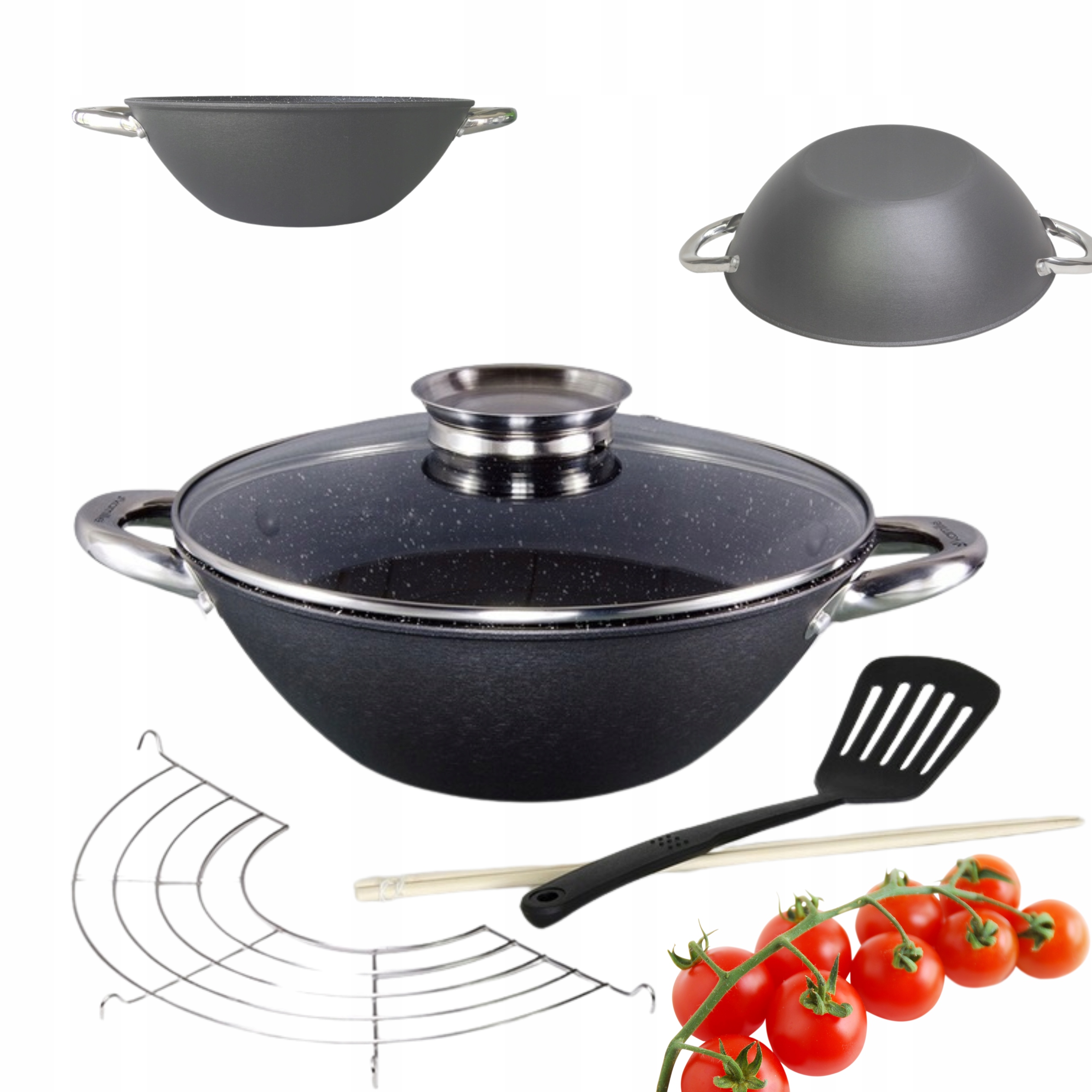 Wok Litinová Pánev 32 cm Víko Indukce Kamille