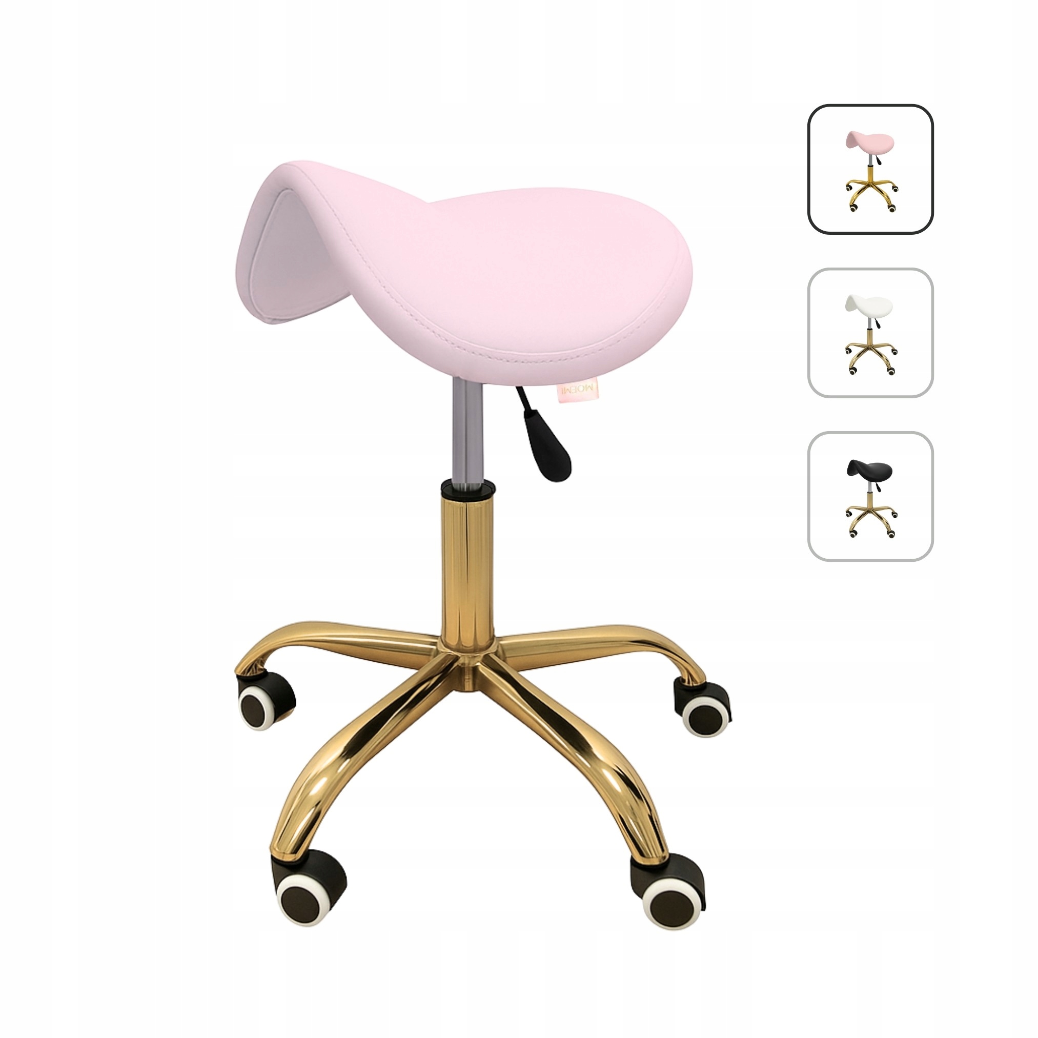 Růžová stolička pro stylistku řas – ergonomické sedlo Moemi