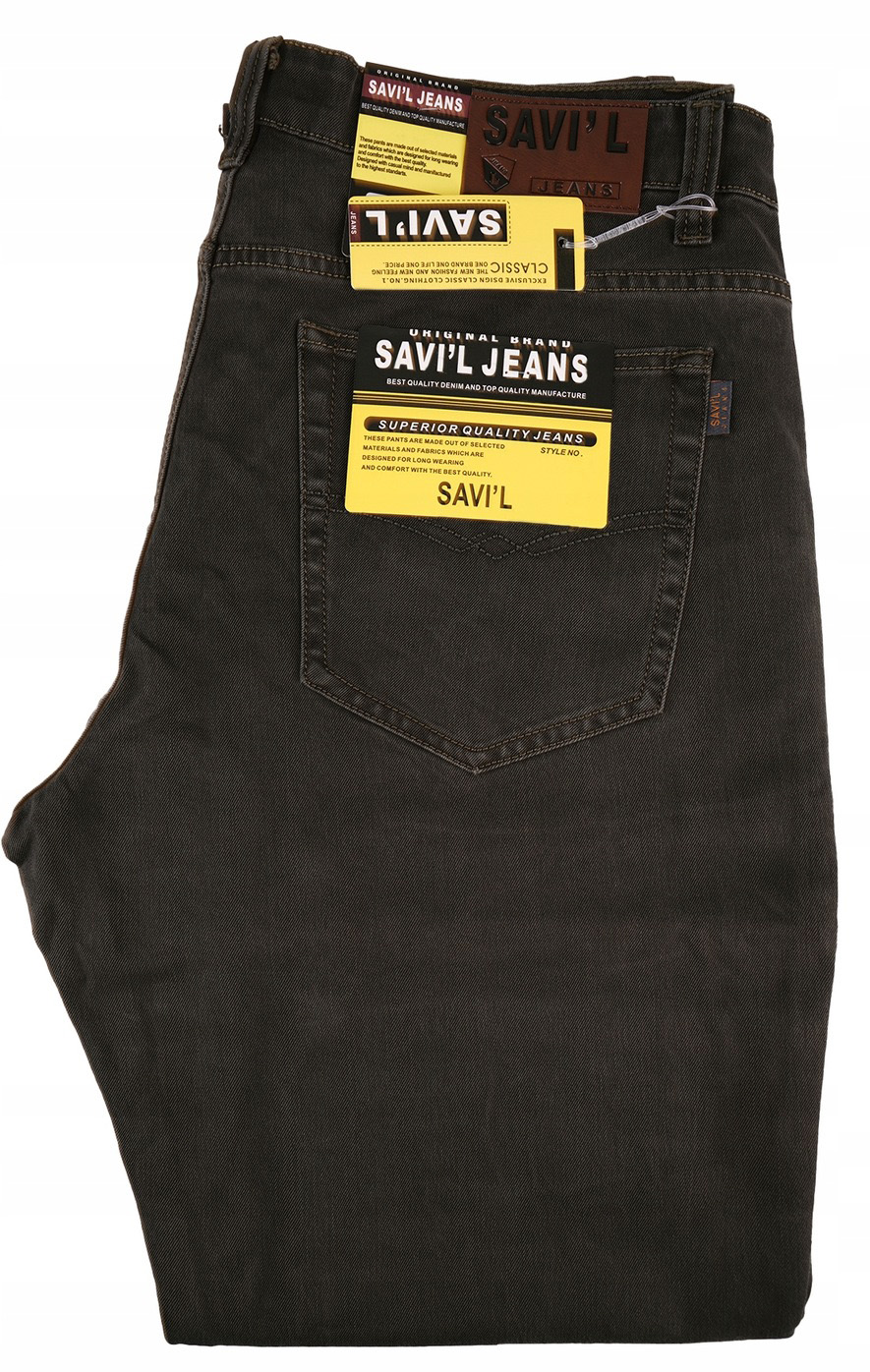 Spodnie Męskie Savil Jeans Oliwkowo Brązowe Proste Klasyczne Dżins W40 L30