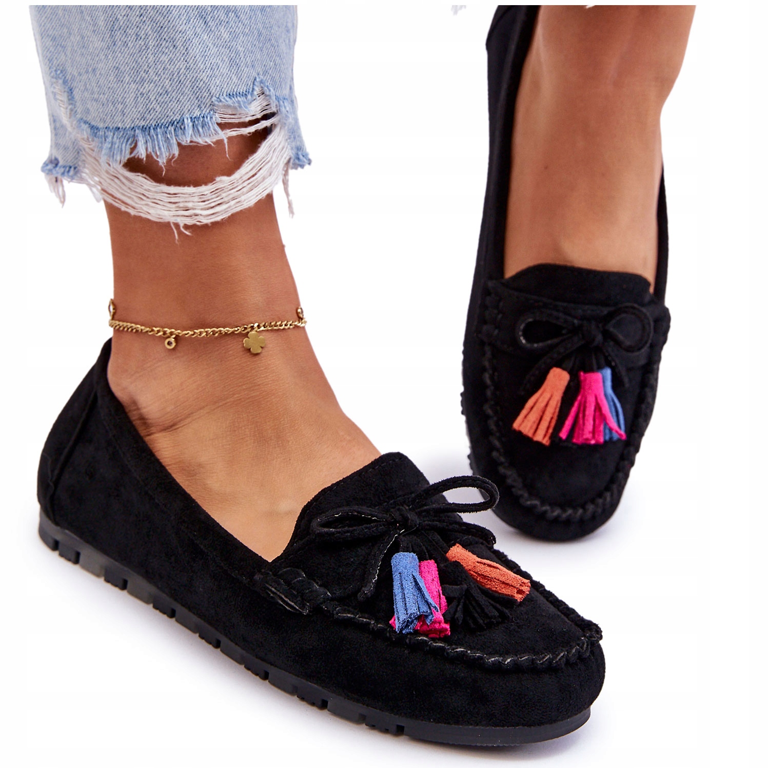 MOKASYNY ZAMSZOWE Z KOKARDĄ I FRĘDZLAMI CZARNE 37