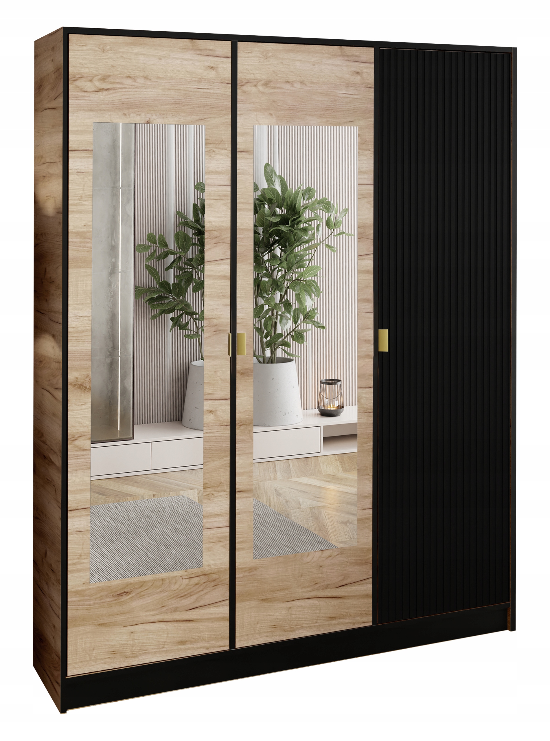 Skříň šatní Lumi 157 3D Dub C. Černá drážkovaná 2x zrcadlo dior Rukojeť zł.