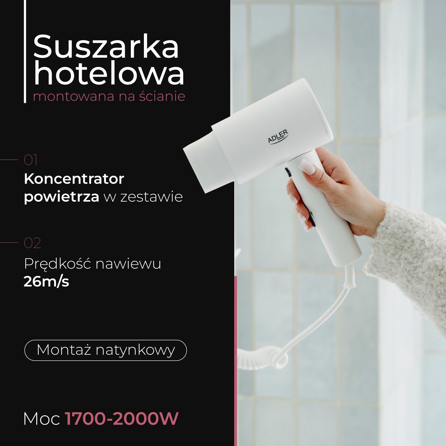 Suszarka hotelowa AD 2285 White - montowana na ścianie, 3 temperatury