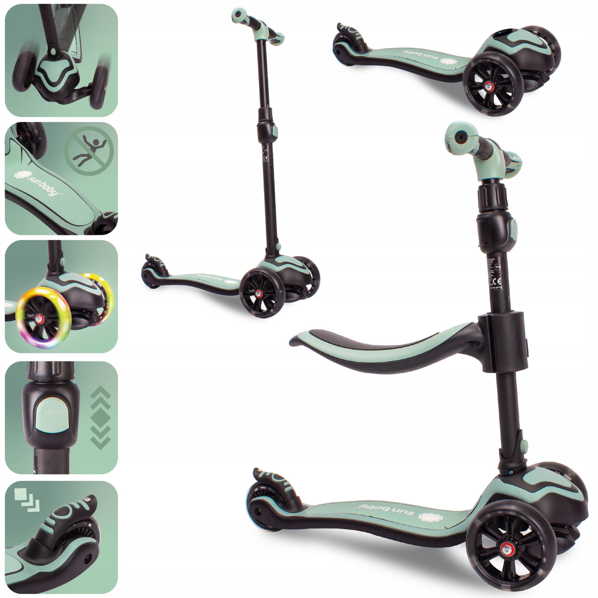 Sun Baby Hulajnoga dla dzieci trójkołowa balansowa Flash 3w1 Led zielona